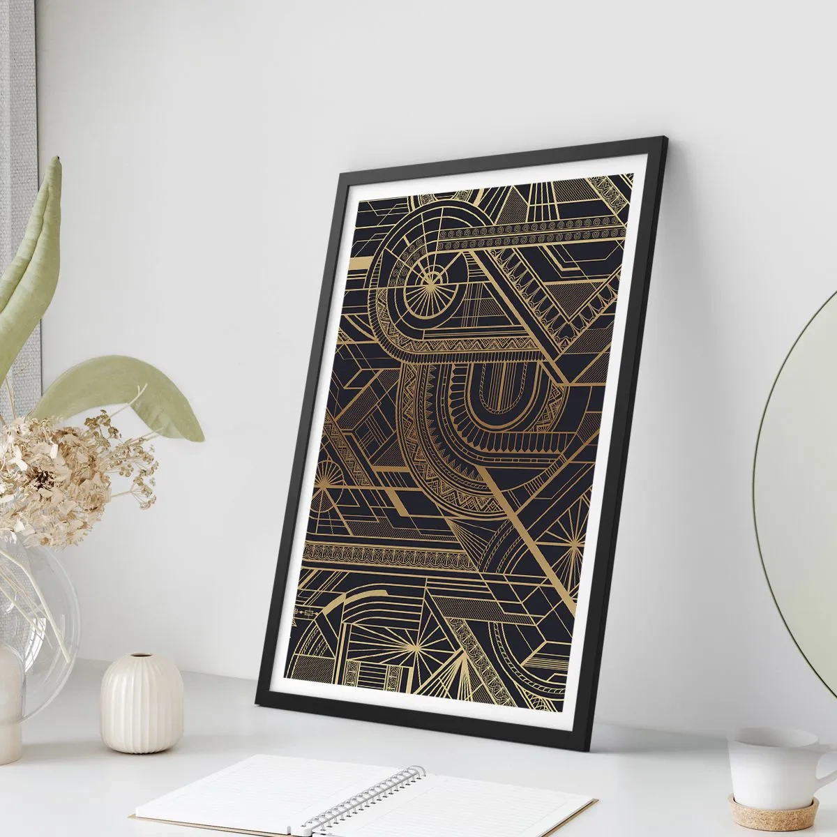 Poster in einem schwarzem Rahmen - Geometrisches Muster in goldenen Farbtönen auf schwarzem Hintergrund - 50x70cm - Konzepte, Ideen, Pläne - Moderne Wanddekoration für Wohnzimmer und Schlafzimmer ARTTOR
