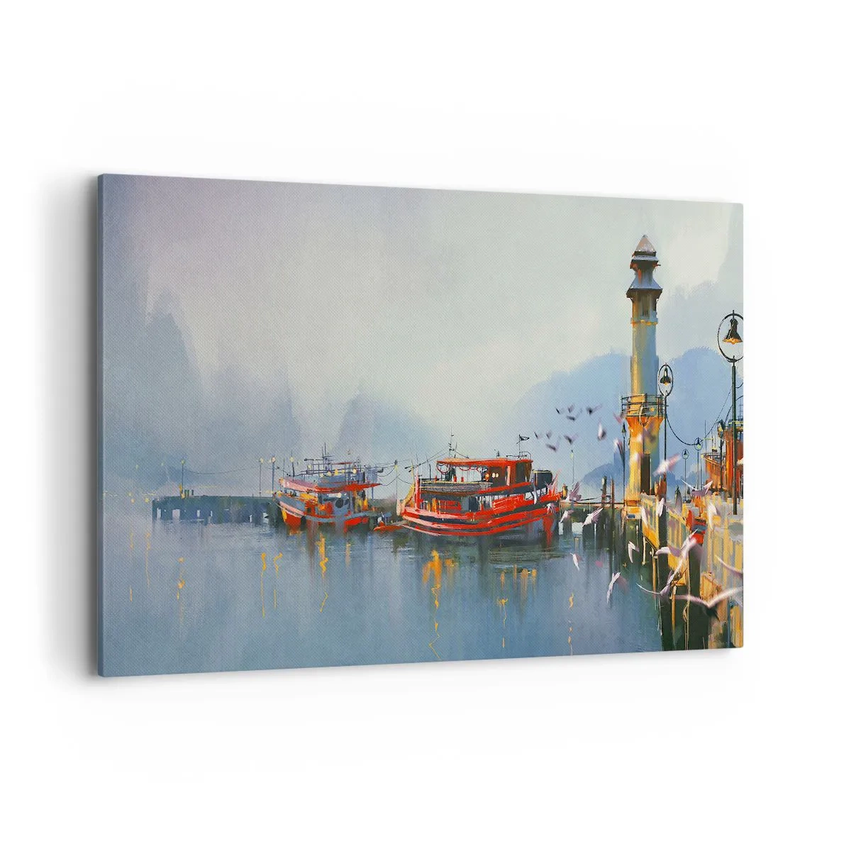 Bild auf Leinwand - Leinwandbild - Ein Hafen mit roten Booten, umgeben von einer nebligen Landschaft - 120x80cm - Am Ende der Welt - Moderne Wanddekoration für Wohnzimmer und Schlafzimmer ARTTOR