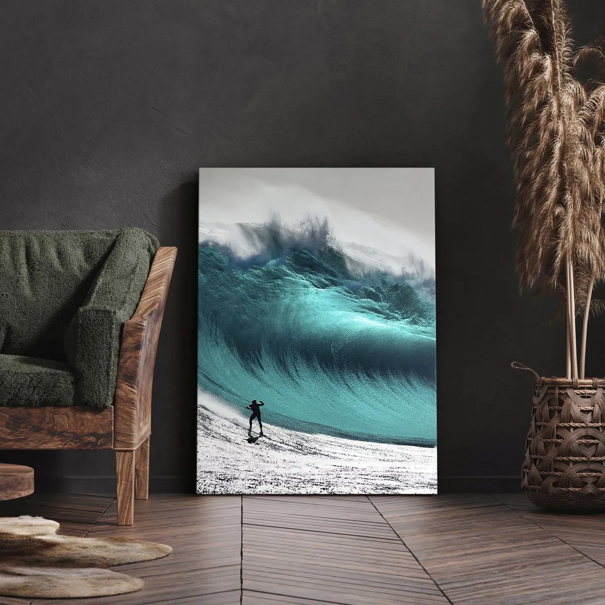 Bild auf Leinwand - Leinwandbild - Surfer vor einer riesigen Welle - 80x120cm - Herausforderung angenommen - Moderne Wanddekoration für Wohnzimmer und Schlafzimmer ARTTOR