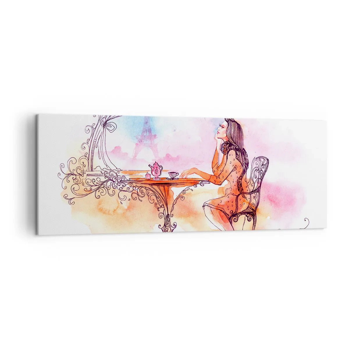 Bild auf Leinwand - Leinwandbild - Romantisches Aquarell einer Frau in einem Café mit Blick auf einen Turm - 140x50cm - Pariser Chic - Moderne Wanddekoration für Wohnzimmer und Schlafzimmer ARTTOR