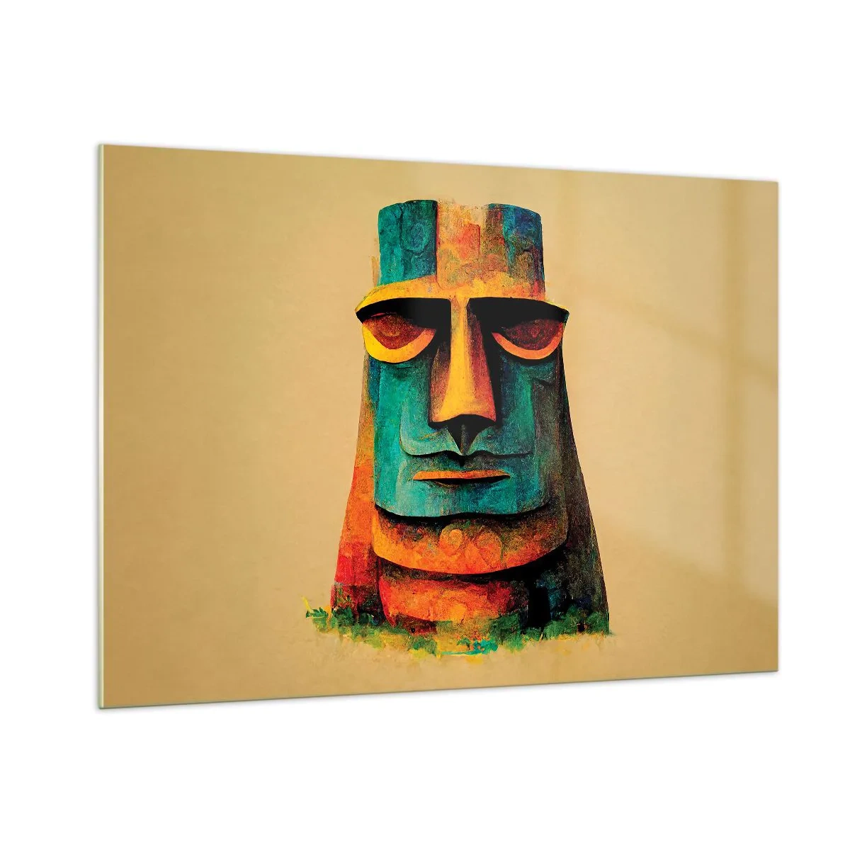 Glasbild - Bild auf glas - Ein farbenfrohes Porträt, inspiriert von einer Steinstatue auf beigem Hintergrund. - 100x70cm - Statuenhaft und sympathisch - Moderne Wanddekoration für Wohnzimmer und Schlafzimmer ARTTOR