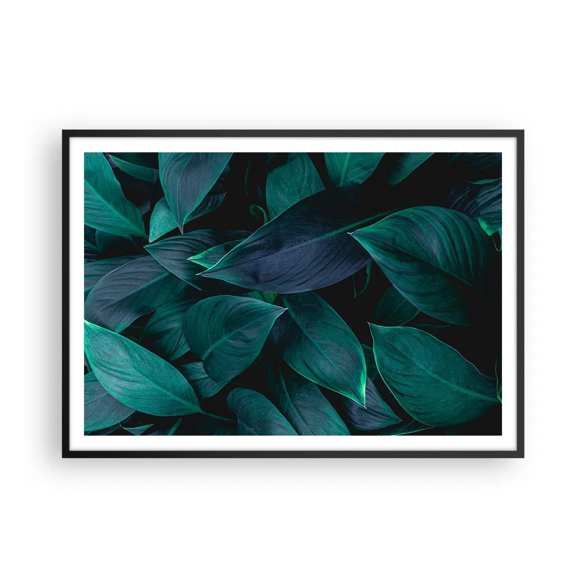 Poster in einem schwarzem Rahmen - Nahaufnahme von grünen Blättern mit dunklem Hintergrund - 100x70cm - Grün in sich selbst - Moderne Wanddekoration für Wohnzimmer und Schlafzimmer ARTTOR