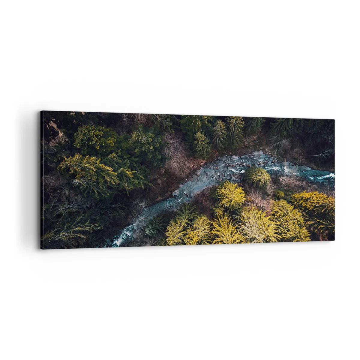 Bild auf Leinwand - Leinwandbild - Ein Blick von oben auf einen Wald mit einem gewundenen Fluss - 120x50cm - Schnell und immer schneller - Moderne Wanddekoration für Wohnzimmer und Schlafzimmer ARTTOR