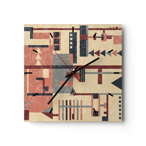 Wanduhr - Glasuhr - Geometrisches Muster in Pastelltönen von Beige, Rot und Grau - 30x30cm - Eine Kombination aus Vertikalen und Ebenen - Moderne Wanddekoration für Wohnzimmer und Schlafzimmer ARTTOR