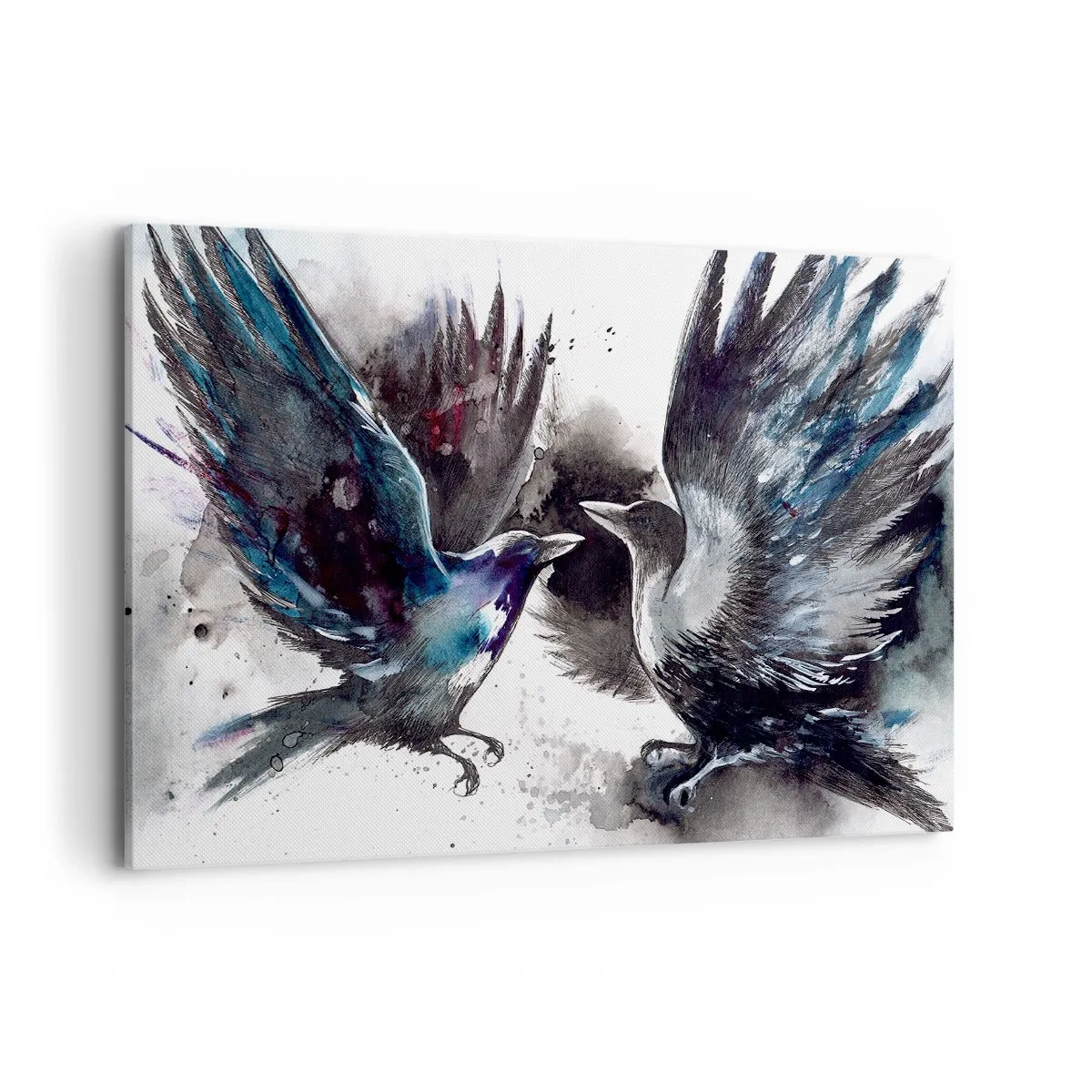 Bild auf Leinwand - Leinwandbild - Künstlerische Raben in einer dynamischen Aquarellkomposition - 120x80cm - Rabe zum Raben ... - Moderne Wanddekoration für Wohnzimmer und Schlafzimmer ARTTOR