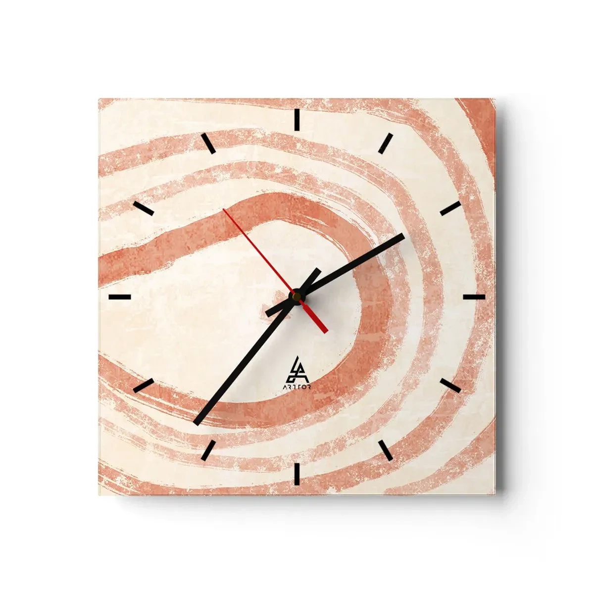 Wanduhr - Glasuhr - Ein abstraktes Motiv aus konzentrischen Linien in Terrakotta-Tönen. - 30x30cm - Korallenkreise – Komposition - Moderne Wanddekoration für Wohnzimmer und Schlafzimmer ARTTOR