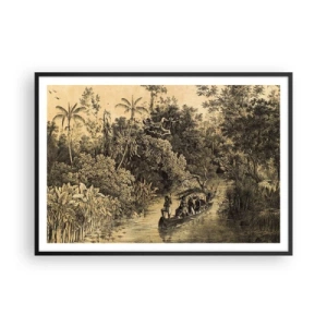 Poster in einem schwarzem Rahmen - Zeichnung eines Dschungels mit einem Boot auf einem Fluss - 100x70cm - Expedition zur Quelle - Moderne Wanddekoration für Wohnzimmer und Schlafzimmer ARTTOR