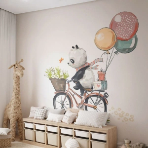 Fototapete Standard Eco - Illustration eines Pandas, der mit Luftballons Fahrrad fährt - 100x70cm - Glücklicher Tag - Moderne Wanddekoration für Wohnzimmer und Schlafzimmer ARTTOR