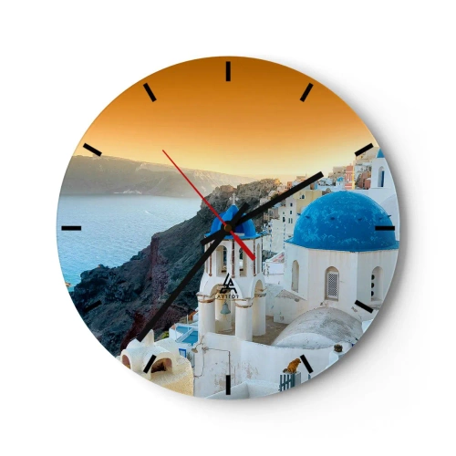 Wanduhr - Glasuhr - Santorini mit Meerblick bei Sonnenuntergang - 30x30cm - Santorini - an die Felsen gekuschelt - Moderne Wanddekoration für Wohnzimmer, Küche und Schlafzimmer ARTTOR