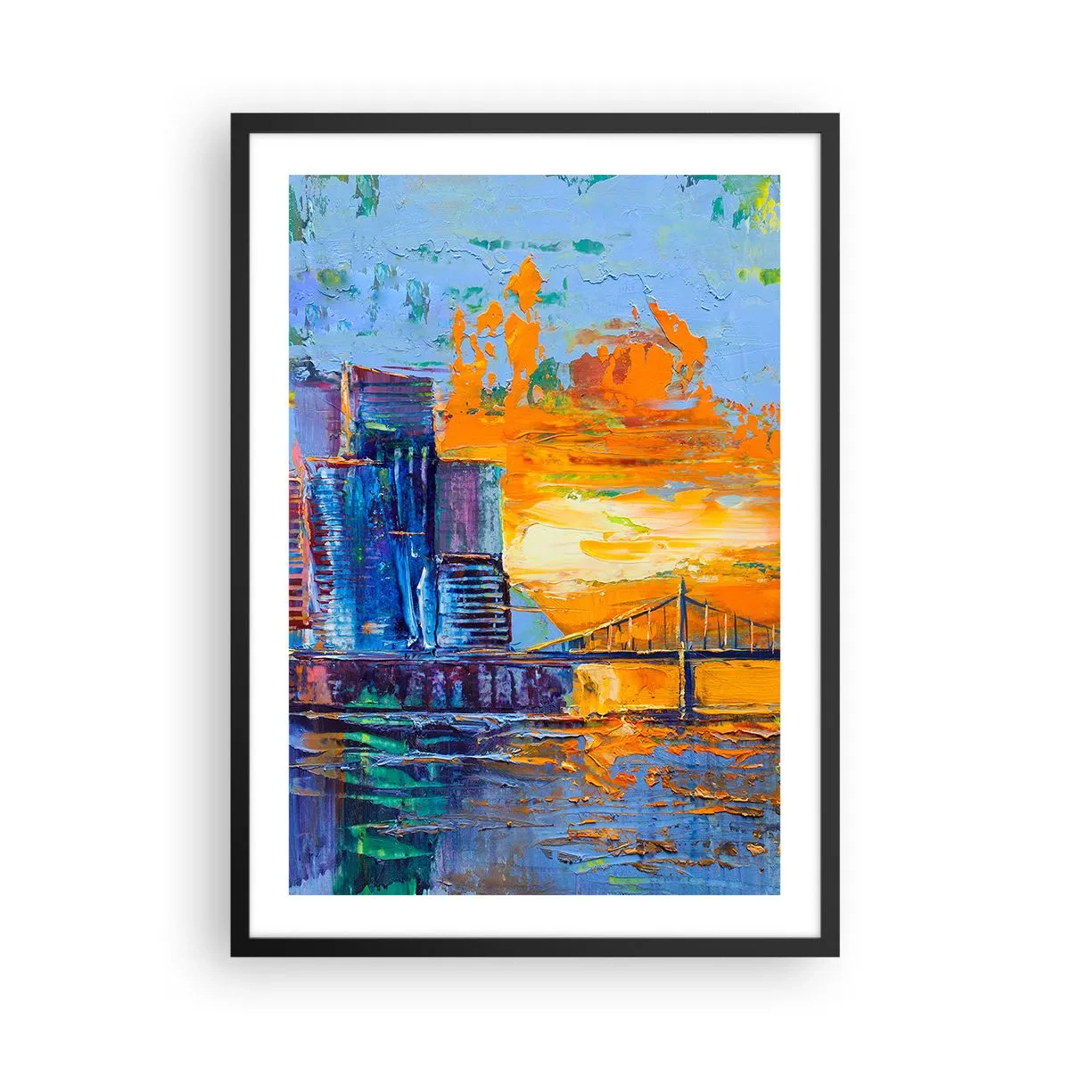Poster in einem schwarzem Rahmen - Eine bunte Brücke und die Stadt im Schein der untergehenden Sonne - 50x70cm - Kultur und Natur - Moderne Wanddekoration für Wohnzimmer und Schlafzimmer ARTTOR