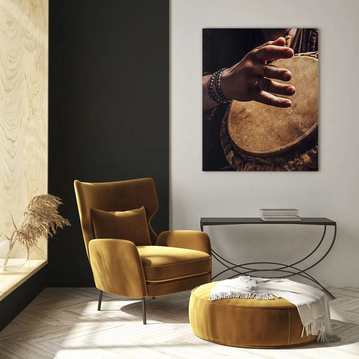 Glasbild - Bild auf glas - Hände spielen eine traditionelle Djembe-Trommel - 70x100cm - Im Rhythmus des Herzens - Moderne Wanddekoration für Wohnzimmer und Schlafzimmer ARTTOR