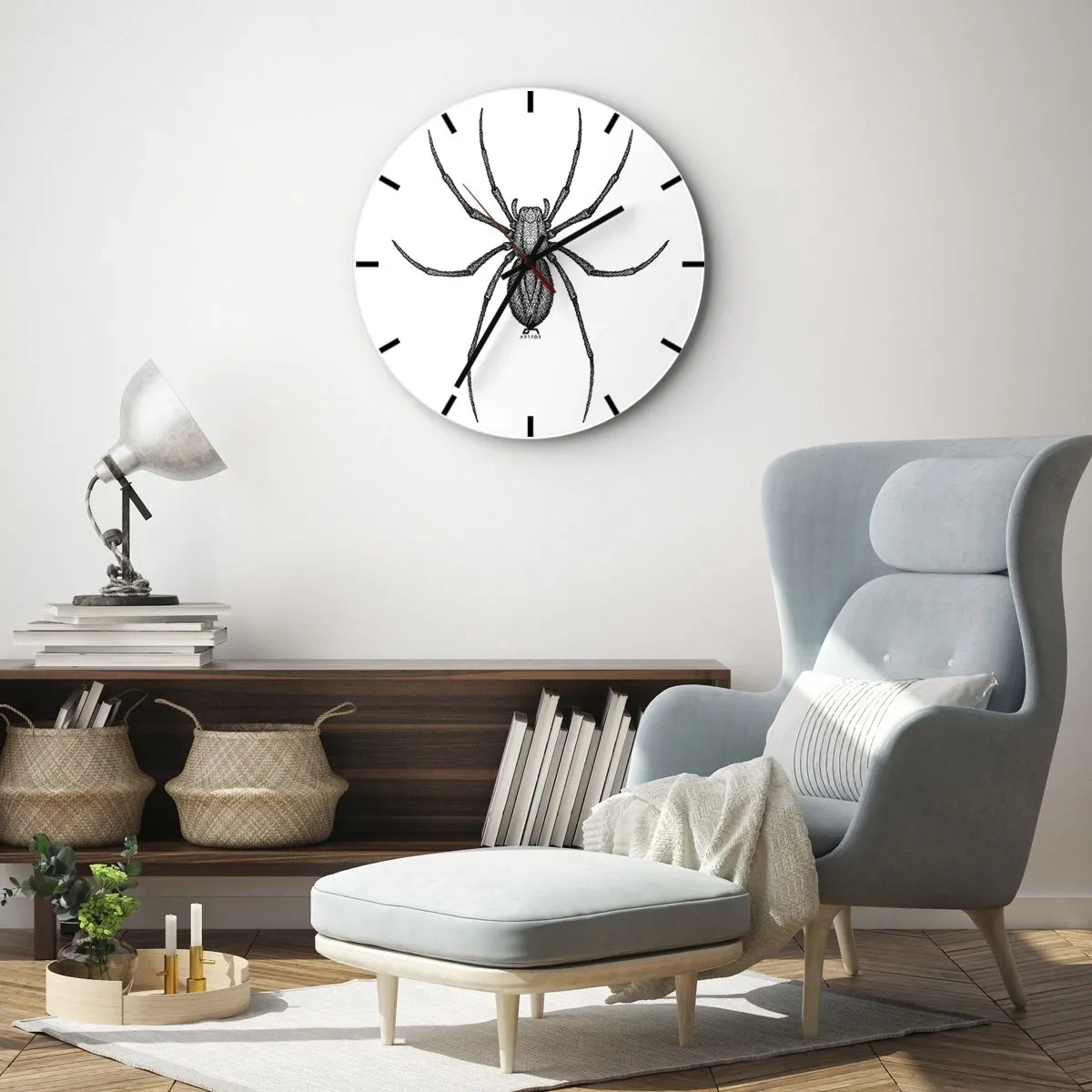 Wanduhr - Glasuhr - Schwarz-weiße Abbildung einer Spinne auf weißem Hintergrund - 30x30cm - Beunruhigende Präzision - Moderne Wanddekoration für Wohnzimmer, Küche und Schlafzimmer ARTTOR