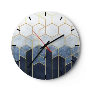 Wanduhr - Glasuhr - Geometrisches Würfelmuster in Blau- und Goldtönen - 30x30cm - Komposition im synkopischen Rhythmus - Moderne Wanddekoration für Wohnzimmer, Küche und Schlafzimmer ARTTOR