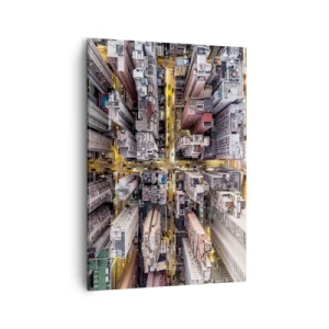 Bild auf Leinwand - Leinwandbild - Eine Stadt voller Wolkenkratzer aus der Vogelperspektive - 50x70cm - Grüße aus Hongkong - Moderne Wanddekoration für Wohnzimmer und Schlafzimmer ARTTOR