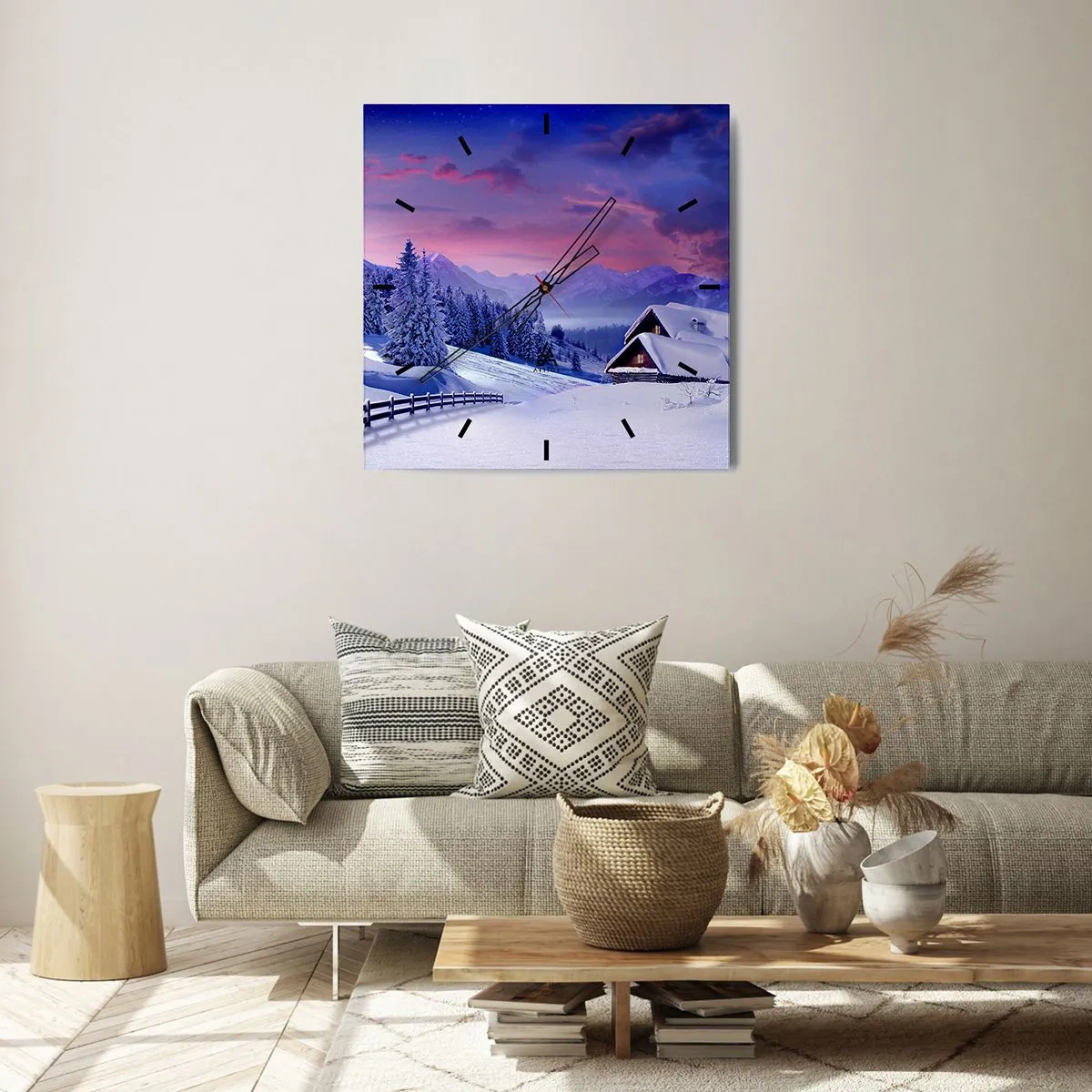 Wanduhr - Glasuhr - Winterlandschaft mit Berghütten bei Sonnenuntergang - 30x30cm - Stille Nacht - Moderne Wanddekoration für Wohnzimmer und Schlafzimmer ARTTOR