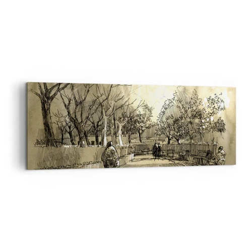 Bild auf Leinwand - Leinwandbild - Eine Cartoon-Szene eines Parks mit spazierenden Menschen in warmen Tönen. - 140x50cm - Ein Moment mit einer Feder angehalten - Moderne Wanddekoration für Wohnzimmer und Schlafzimmer ARTTOR