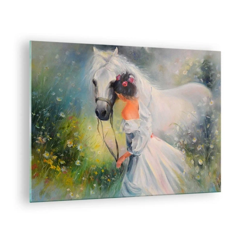 Glasbild - Bild auf glas - Eine Frau in einem weißen Kleid mit einem weißen Pferd auf einer Wiese voller Blumen. - 70x50cm - Wie aus einem schönen Traum - Moderne Wanddekoration für Wohnzimmer und Schlafzimmer ARTTOR