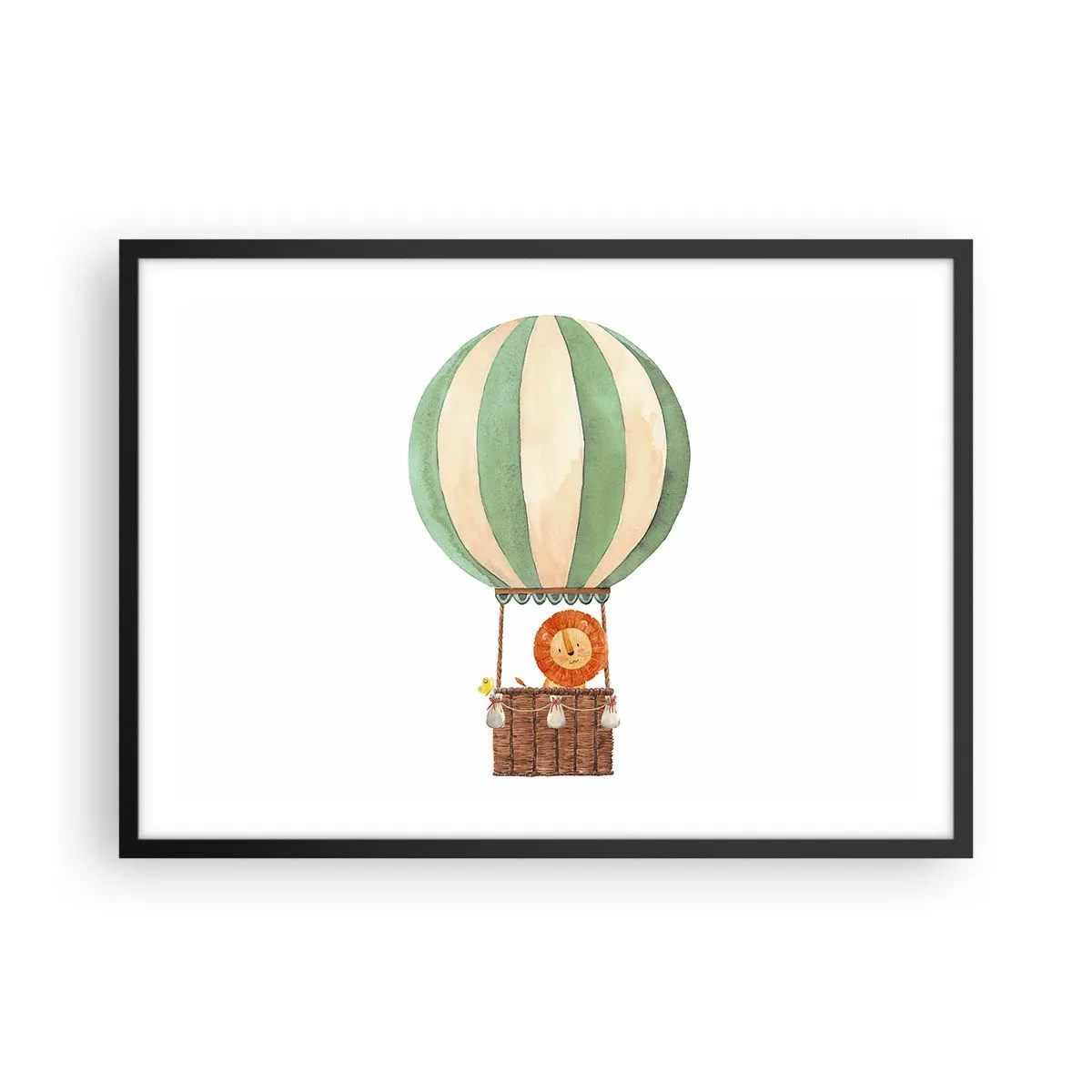 Poster in einem schwarzem Rahmen - Ein Ballon mit einem lächelnden Löwen in einem pastellfarbenen Korb - 70x50cm - Leons Reisen - Moderne Wanddekoration für Wohnzimmer und Schlafzimmer ARTTOR