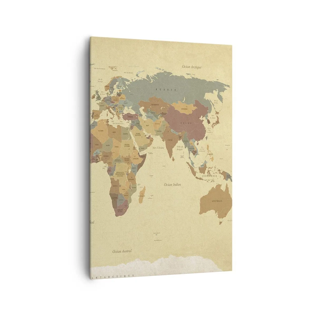 Bild auf Leinwand - Leinwandbild - Eine stilisierte Weltkarte in Beige- und Pastelltönen. - 80x120cm - Für dich - die ganze Welt - Moderne Wanddekoration für Wohnzimmer und Schlafzimmer ARTTOR