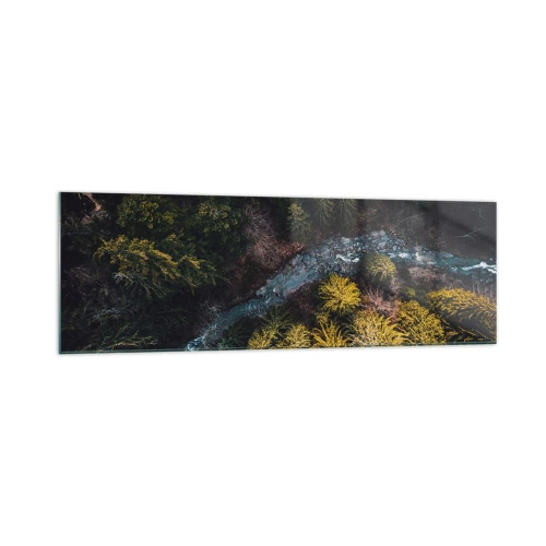Glasbild - Bild auf glas - Ein Blick von oben auf einen Wald mit einem gewundenen Fluss - 160x50cm - Schnell und immer schneller - Moderne Wanddekoration für Wohnzimmer und Schlafzimmer ARTTOR
