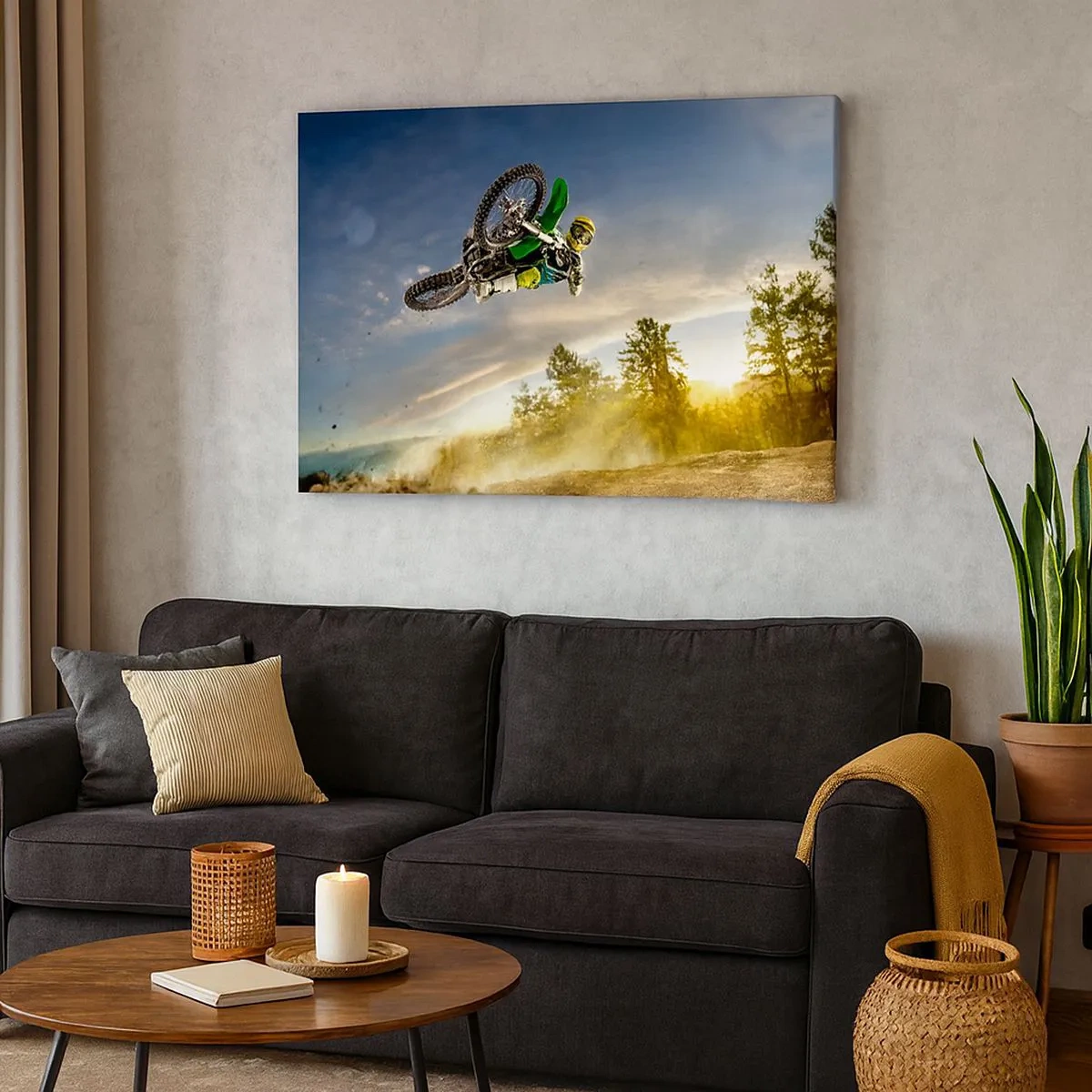 Bild auf Leinwand - Leinwandbild - Motorradfahrer im dynamischen Sprung - 70x50cm - Schalten Sie Emotionen ein! - Moderne Wanddekoration für Wohnzimmer und Schlafzimmer ARTTOR