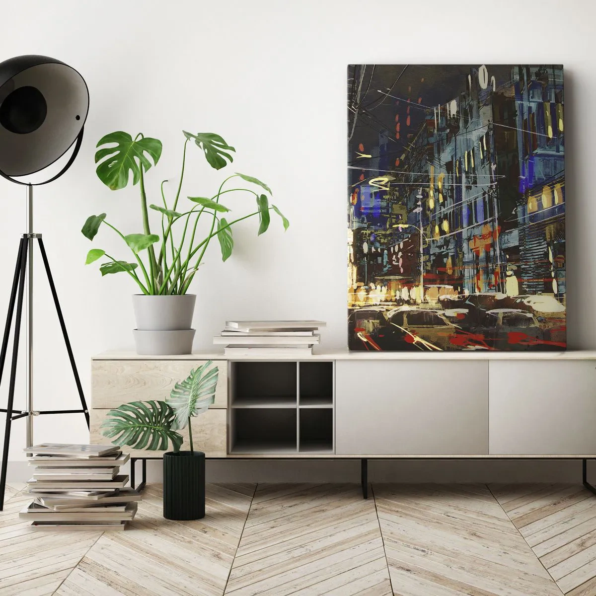 Bild auf Leinwand - Leinwandbild - Stadtnachtszene mit Neonlichtern - 80x120cm - Abendlicher Straßentrubel - Moderne Wanddekoration für Wohnzimmer und Schlafzimmer ARTTOR