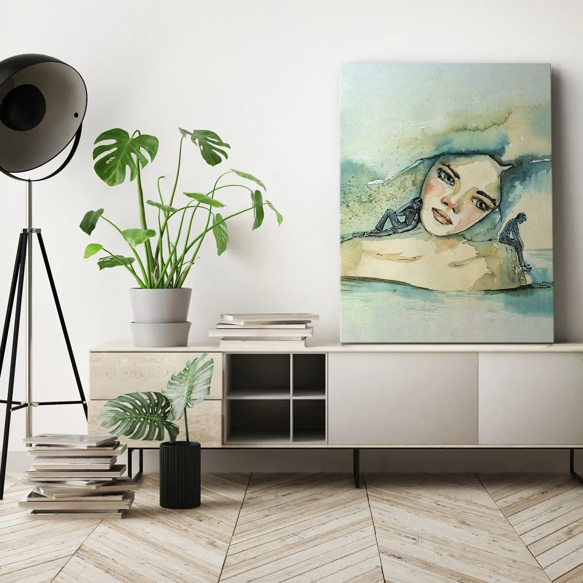 Bild auf Leinwand - Leinwandbild - Aquarell eines Frauengesichts mit reflektierendem Motiv - 50x70cm - Bin ich blau? - Moderne Wanddekoration für Wohnzimmer und Schlafzimmer ARTTOR