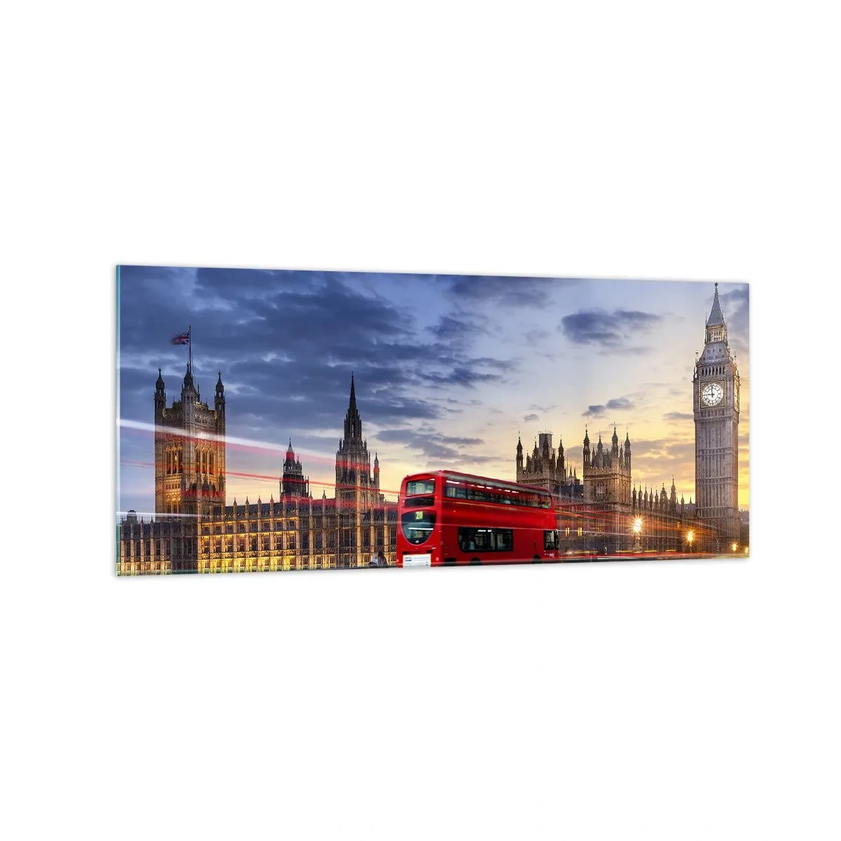 Glasbild - Bild auf glas - Ein roter Bus mit Big Ben und den Houses of Parliament im Hintergrund in der Abenddämmerung. - 120x50cm - Spezielle Charaktere - Moderne Wanddekoration für Wohnzimmer und Schlafzimmer ARTTOR
