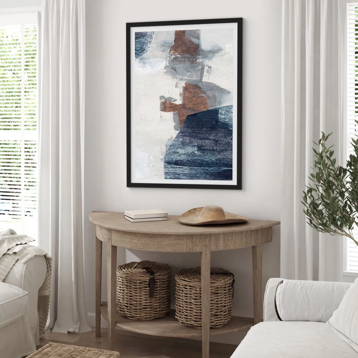 Poster in einem schwarzem Rahmen - Moderne Abstraktion in Braun- und Marineblautönen - 50x70cm - Blaue und braune Formen - Moderne Wanddekoration für Wohnzimmer und Schlafzimmer ARTTOR