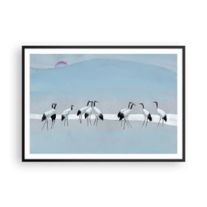 Poster in einem schwarzem Rahmen - Eine Gruppe von Kranichen vor blauem Himmel und der aufgehenden Sonne - 100x70cm - Nach einem heißen Tag - Moderne Wanddekoration für Wohnzimmer und Schlafzimmer ARTTOR