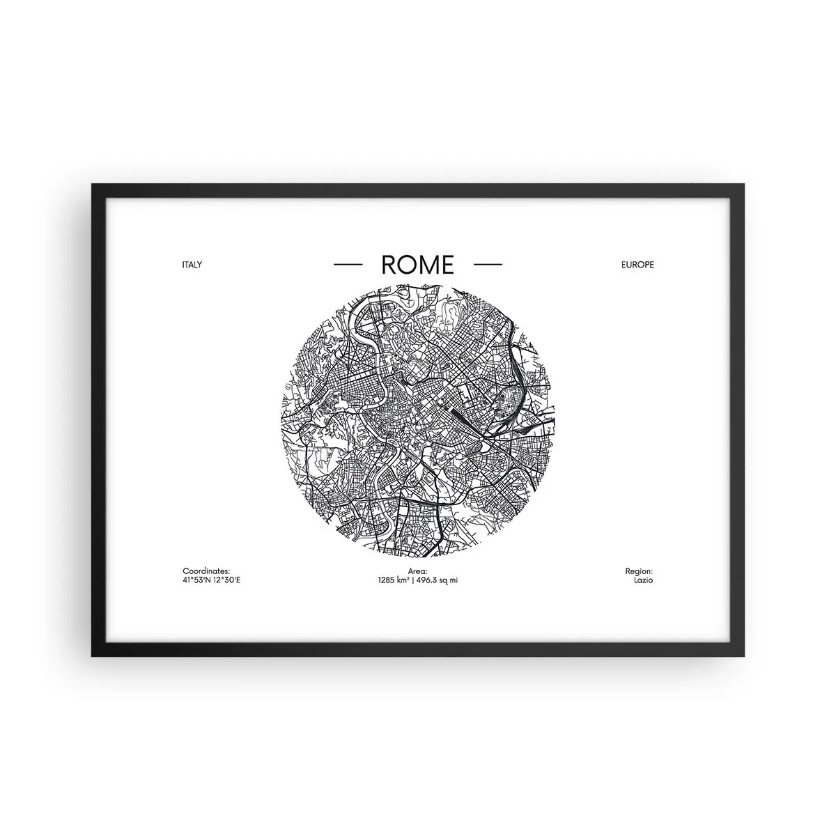 Poster in einem schwarzem Rahmen - Eine Karte von Rom im minimalistischen Schwarz-Weiß-Stil - 70x50cm - Anatomie von Rom - Moderne Wanddekoration für Wohnzimmer und Schlafzimmer ARTTOR