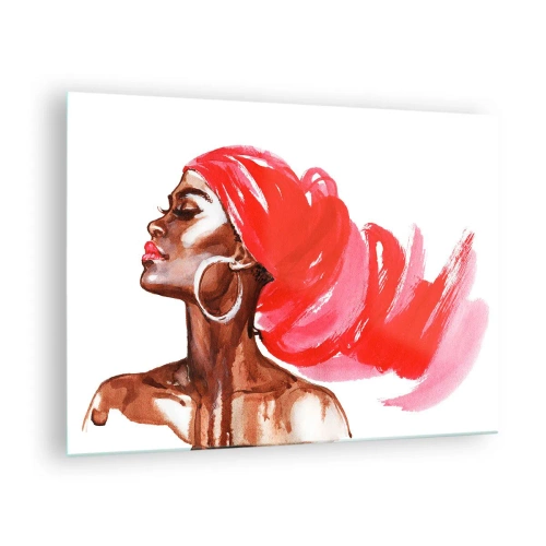 Glasbild - Bild auf glas - Aquarellporträt einer Frau mit rotem Turban - 70x50cm - Es weht ein Wind, der die Nase eines Mannes öffnet - Moderne Wanddekoration für Wohnzimmer und Schlafzimmer ARTTOR