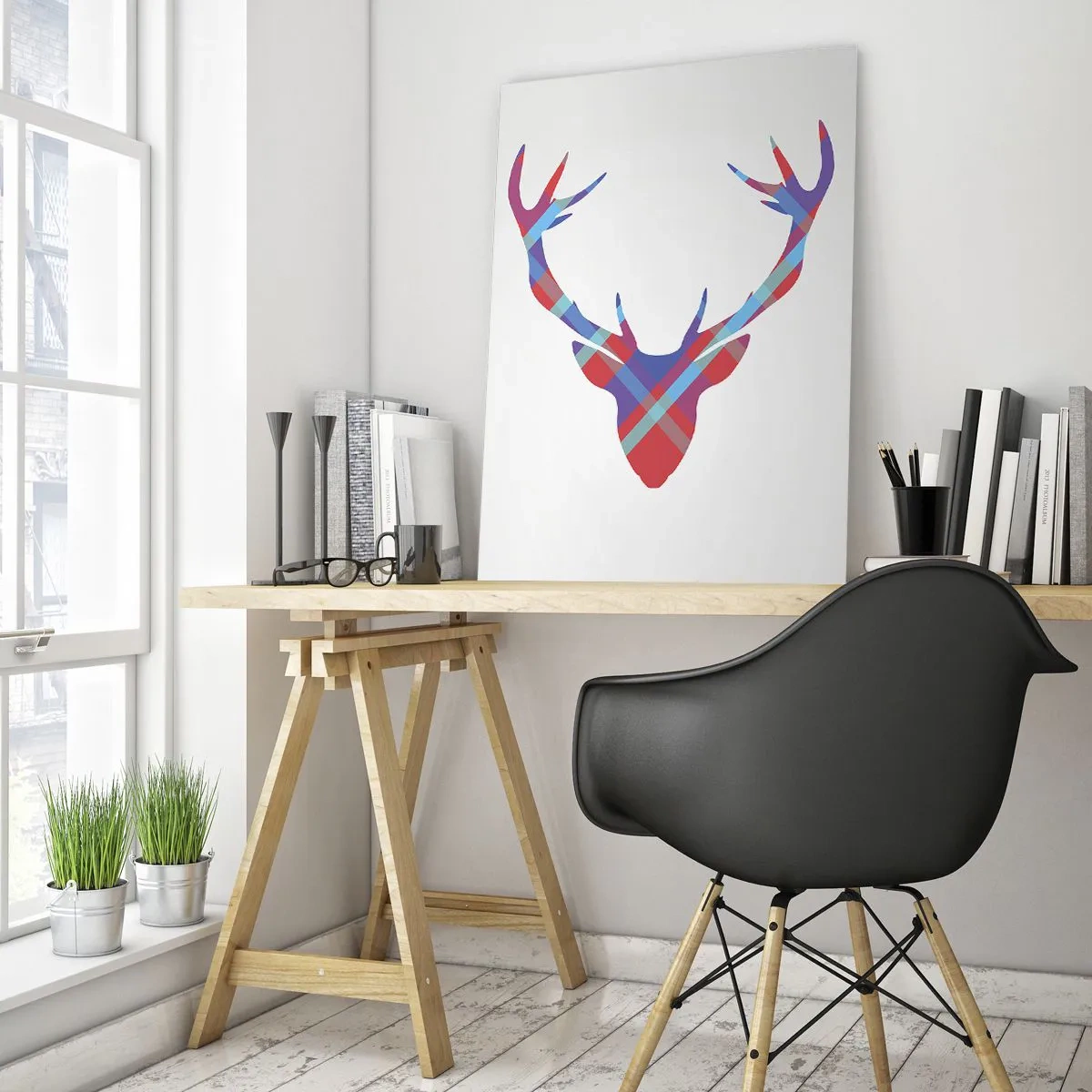 Glasbild - Bild auf glas - Geometrisches Bild eines Hirsches auf hellem Hintergrund - 80x120cm - Schottischer Hirsch - Moderne Wanddekoration für Wohnzimmer und Schlafzimmer ARTTOR