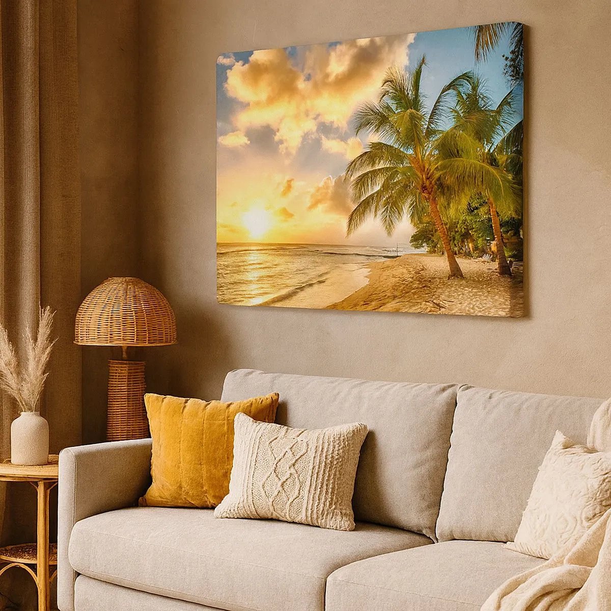 Bild auf Leinwand - Leinwandbild - Strand mit Palmen und einem Sonnenuntergang über dem Meer - 70x50cm - Ewiger Sommer, immer Urlaub - Moderne Wanddekoration für Wohnzimmer und Schlafzimmer ARTTOR