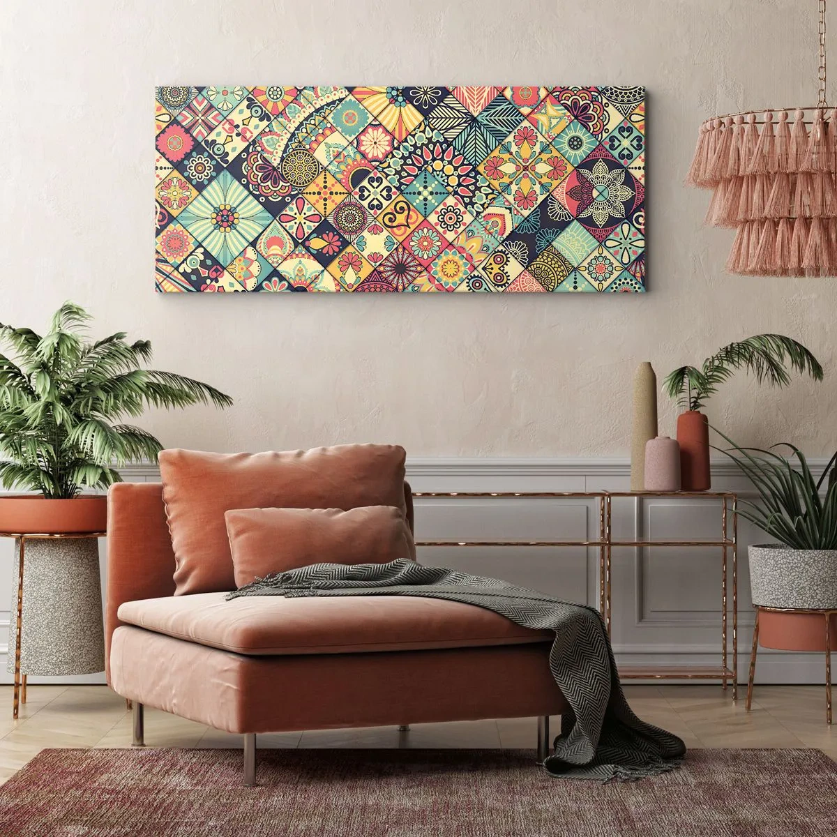 Bild auf Leinwand - Leinwandbild - Bunte geometrische Muster, inspiriert vom marokkanischen Stil - 120x50cm - marokkanische Atmosphäre - Moderne Wanddekoration für Wohnzimmer und Schlafzimmer ARTTOR