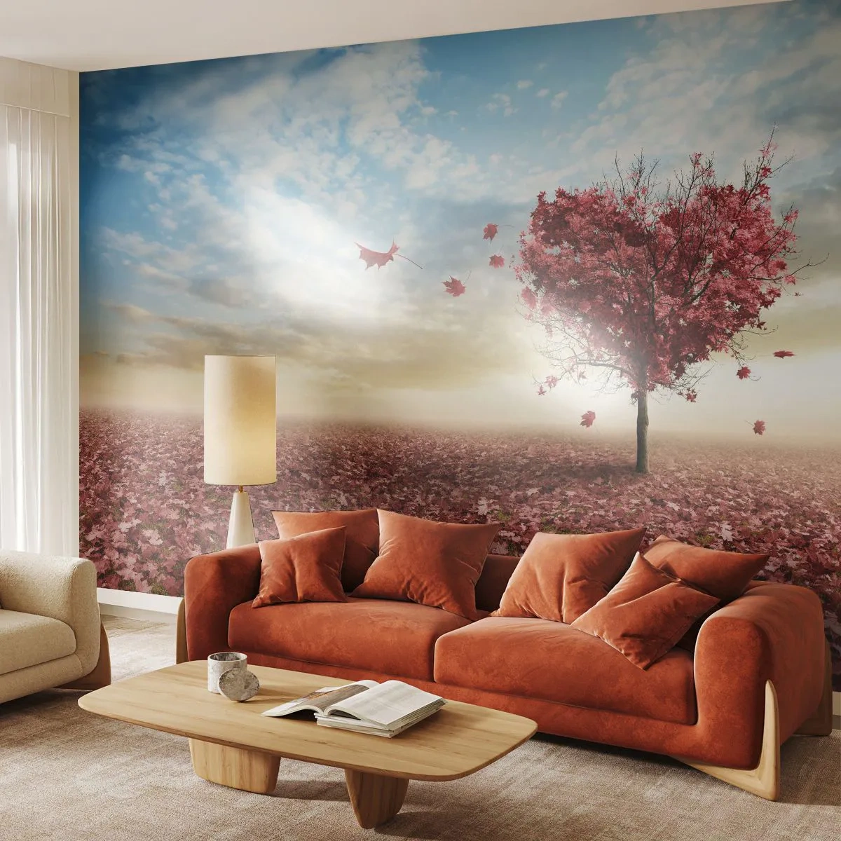 Fototapete Premium Sand - Ein herzförmiger Baum vor einer herbstlichen Landschaft - 100x70cm - Verliebe dich auch - Moderne Wanddekoration für Wohnzimmer und Schlafzimmer ARTTOR