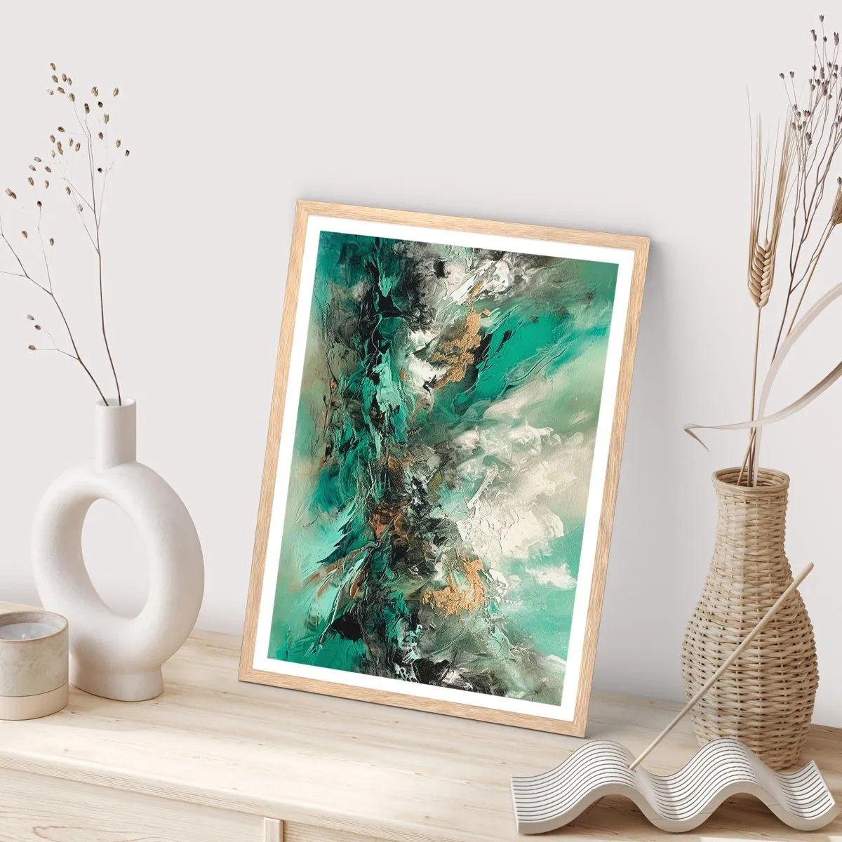 Poster in einem Rahmen aus heller Eiche - Smaragdgrüne und schwarze Brandung - 30x40 cm
