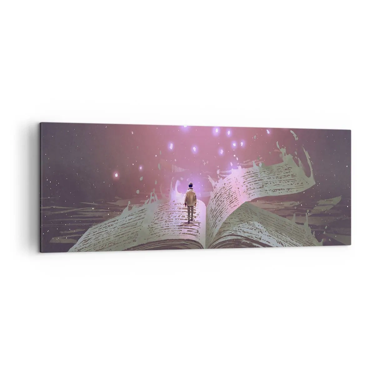 Bild auf Leinwand - Leinwandbild - Eine Figur tritt in einem magischen Licht auf ein offenes Buch. - 140x50cm - Einladung in eine andere Welt - lesen Sie! - Moderne Wanddekoration für Wohnzimmer und Schlafzimmer ARTTOR