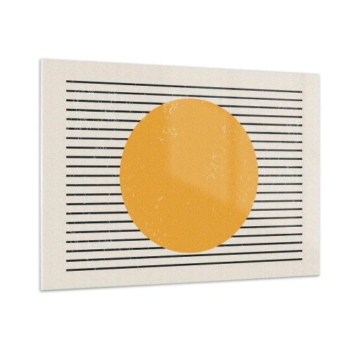 Glasbild - Bild auf glas - Ein orangefarbener Kreis vor einem Hintergrund aus horizontalen schwarzen Linien auf beigem Untergrund. - 100x70cm - Die Kraft der Einfachheit - Moderne Wanddekoration für Wohnzimmer und Schlafzimmer ARTTOR