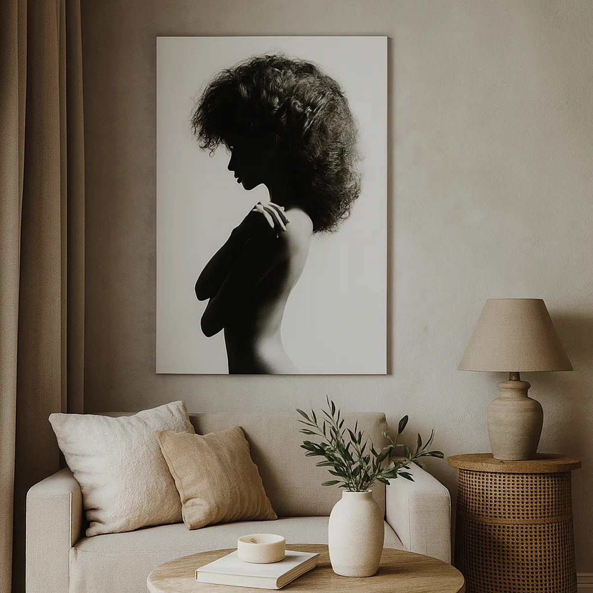 Bild auf Leinwand - Leinwandbild - Eine subtile Silhouette einer Frau in Schwarz-Weiß-Tönen auf hellem Hintergrund - 50x70cm - Wie eine Blume auf einem schlanken Stiel - Moderne Wanddekoration für Wohnzimmer und Schlafzimmer ARTTOR