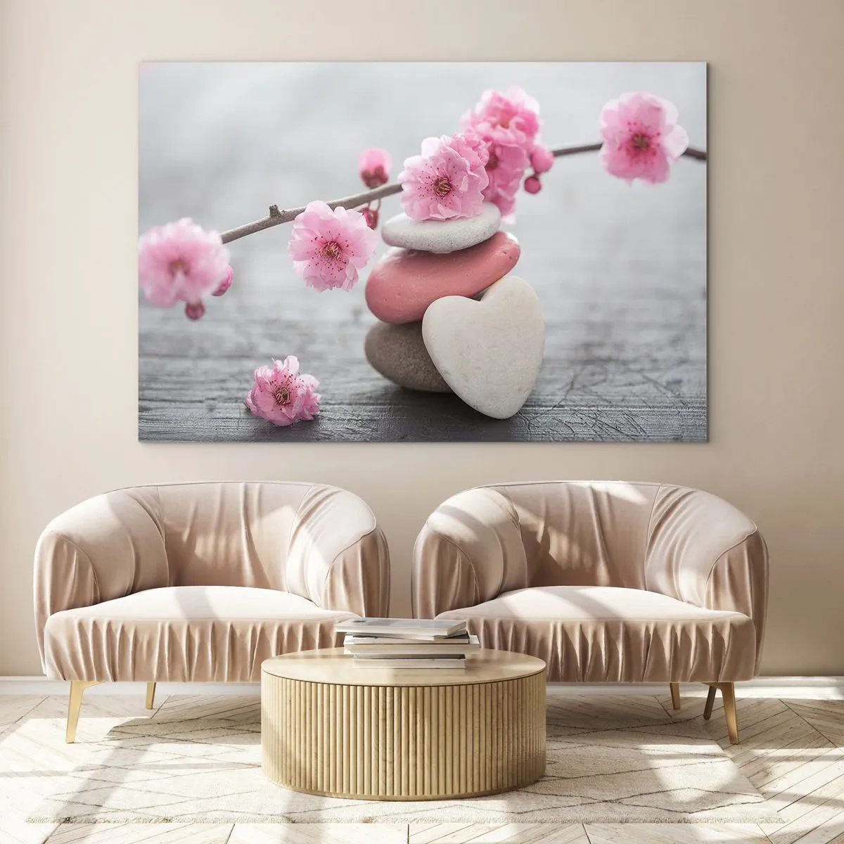 Glasbild - Bild auf glas - Rosa Kirschblüten und herzförmige Steine - 70x50cm - Glückseligkeit mit einer Kirschblüte - Moderne Wanddekoration für Wohnzimmer und Schlafzimmer ARTTOR