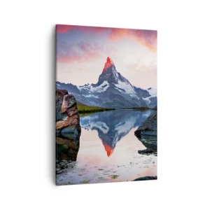 Bild auf Leinwand - Leinwandbild - Ein Berggipfel spiegelt sich bei Sonnenuntergang in einem See - 50x70cm - Das Herz der Berge ist heiß - Moderne Wanddekoration für Wohnzimmer und Schlafzimmer ARTTOR