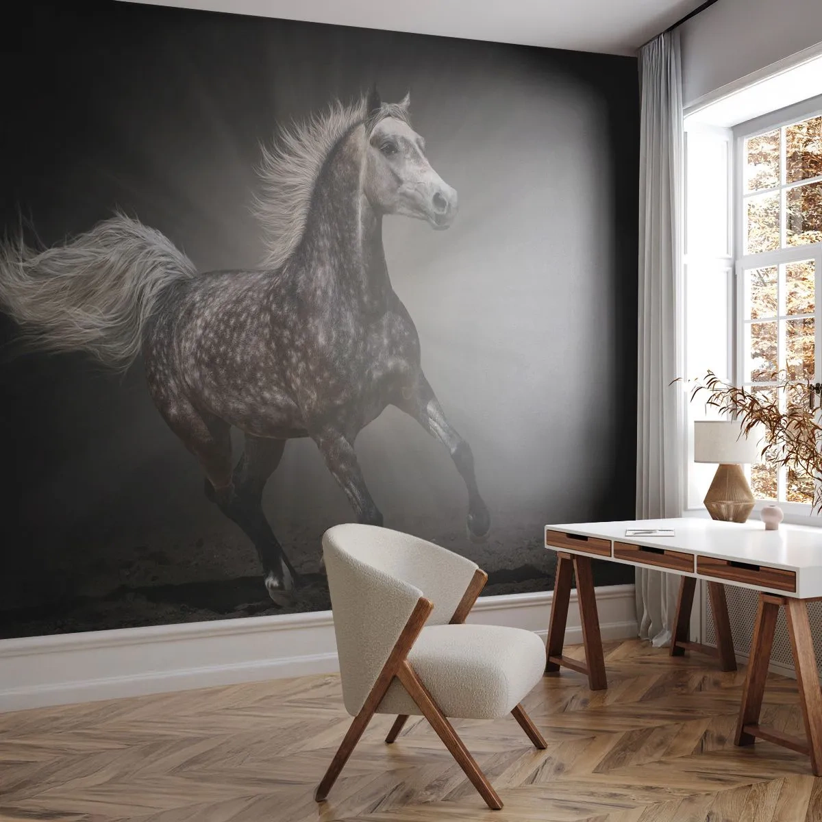 Fototapete Standard Eco - Grau ist schön - Tiere, arabisches Pferd, Natur - 400x280 cm