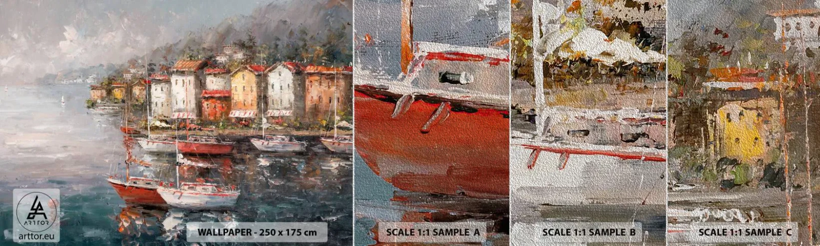 Fototapeten Muster Premium Sand - Romantische Oase - Die Architektur, Hafenstadt, Segelboot - 100x30 cm