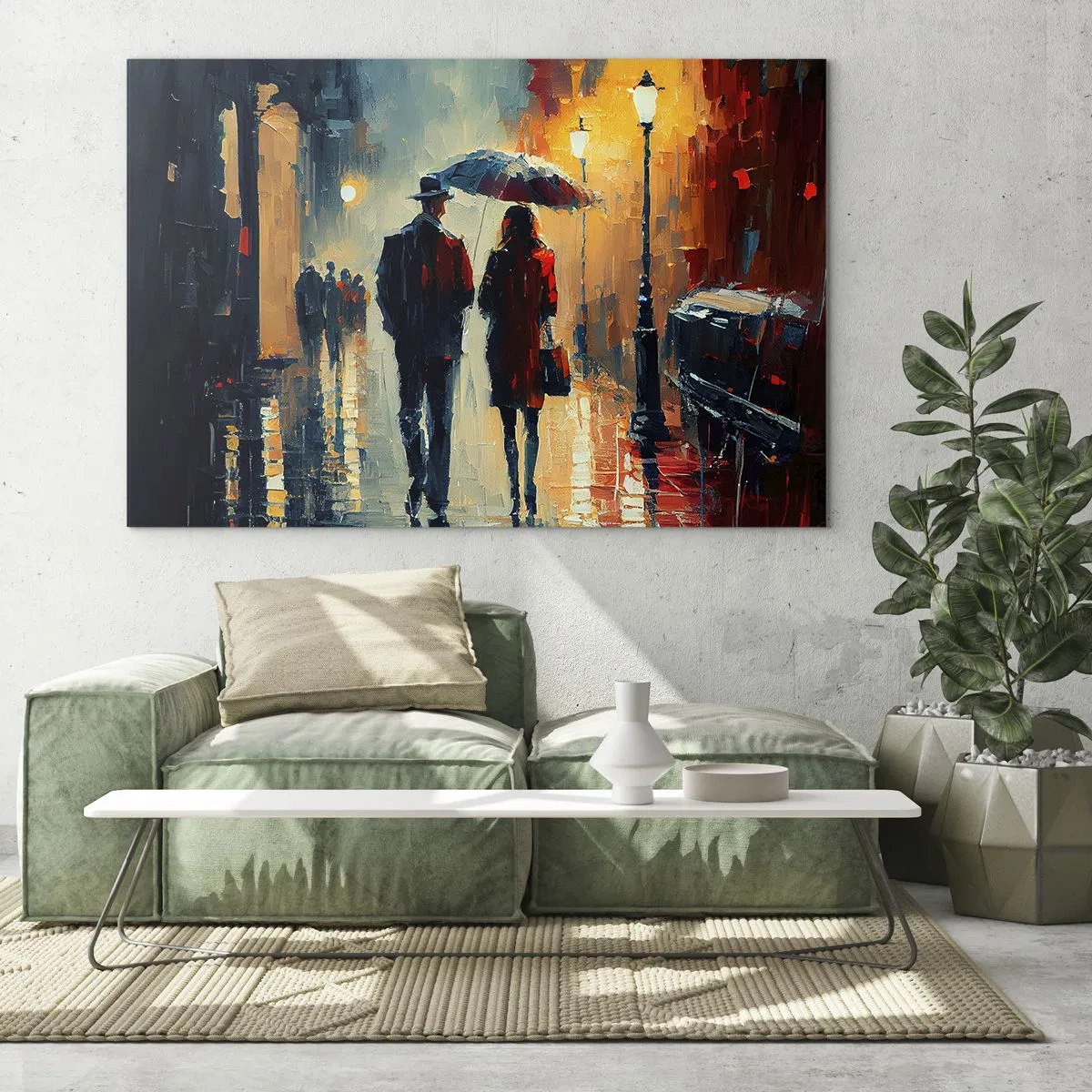 Glasbild - Bild auf glas - Ein Paar mit einem Regenschirm geht nachts eine nasse Straße entlang. - 70x50cm - Urbane Liebesgeschichte - Moderne Wanddekoration für Wohnzimmer und Schlafzimmer ARTTOR