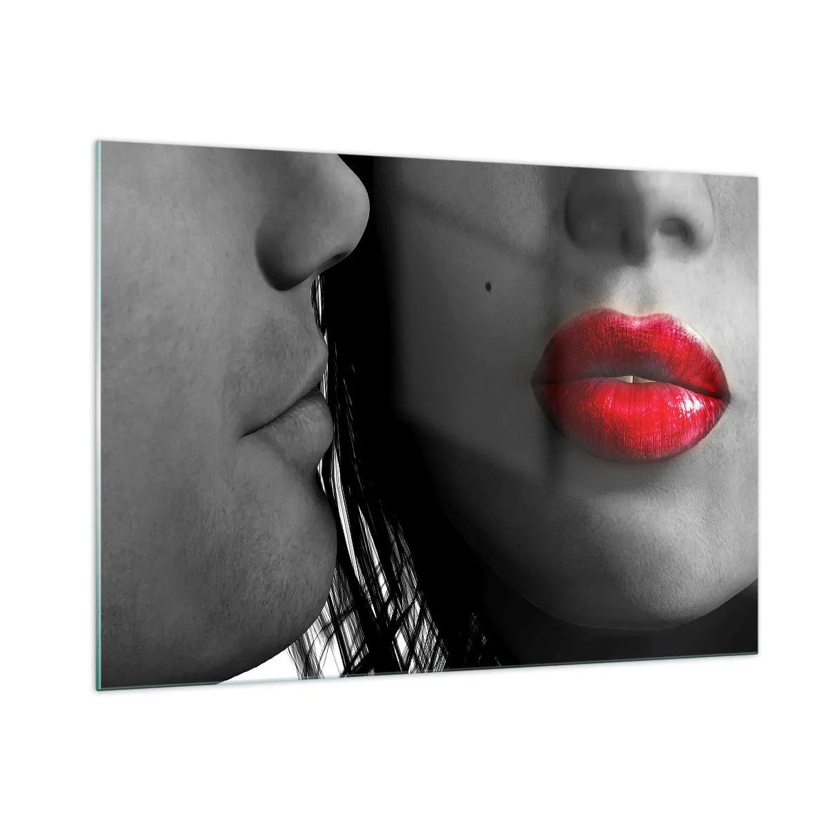 Glasbild - Bild auf glas - Sinnliche Lippen in einer kontrastreichen Aufnahme - 100x70cm - Gesicht am Gesicht - Moderne Wanddekoration für Wohnzimmer und Schlafzimmer ARTTOR