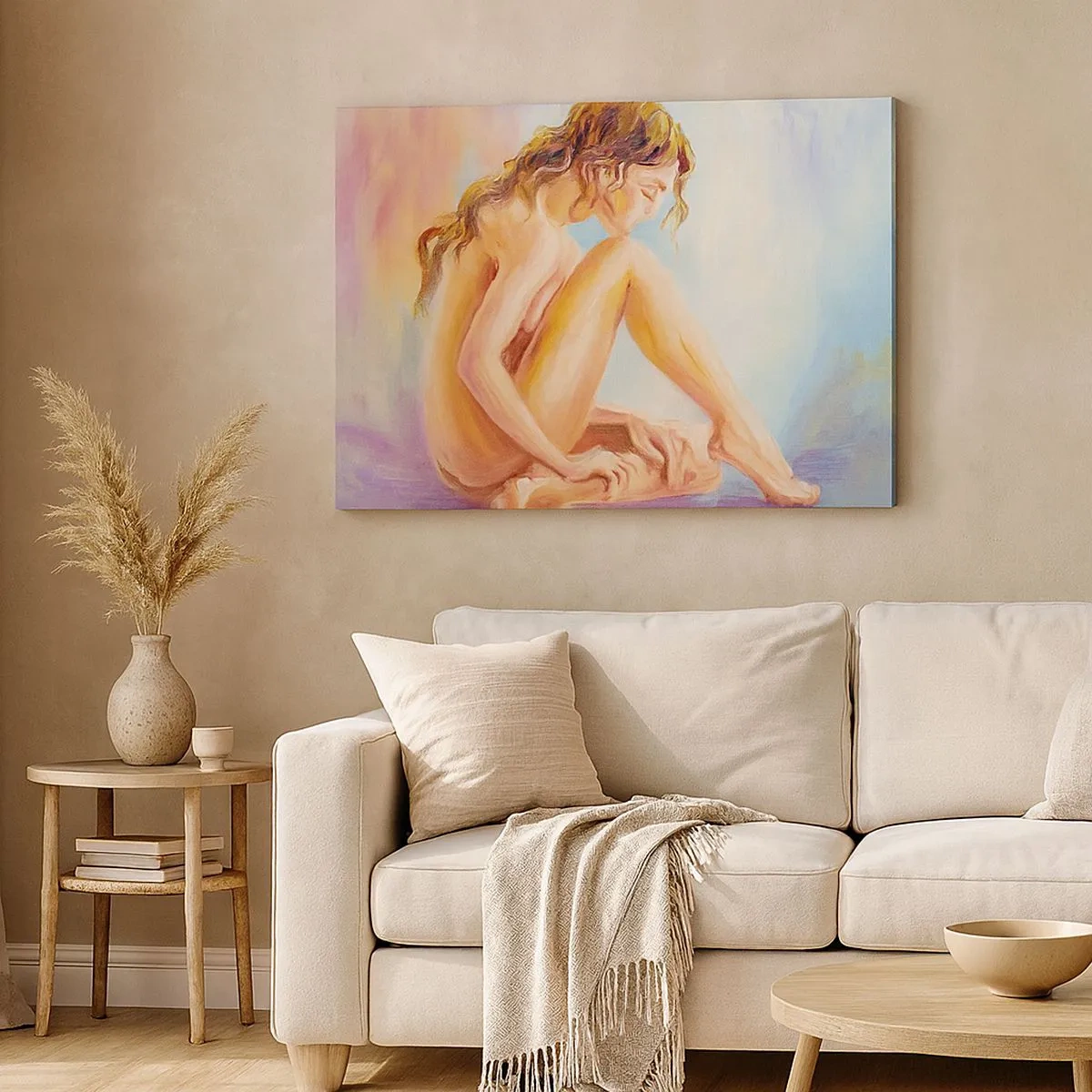 Bild auf Leinwand - Leinwandbild - Eine zarte Figur einer Frau auf einem pastellfarbenen Hintergrund - 70x50cm - Akt der Jugend - Moderne Wanddekoration für Wohnzimmer und Schlafzimmer ARTTOR