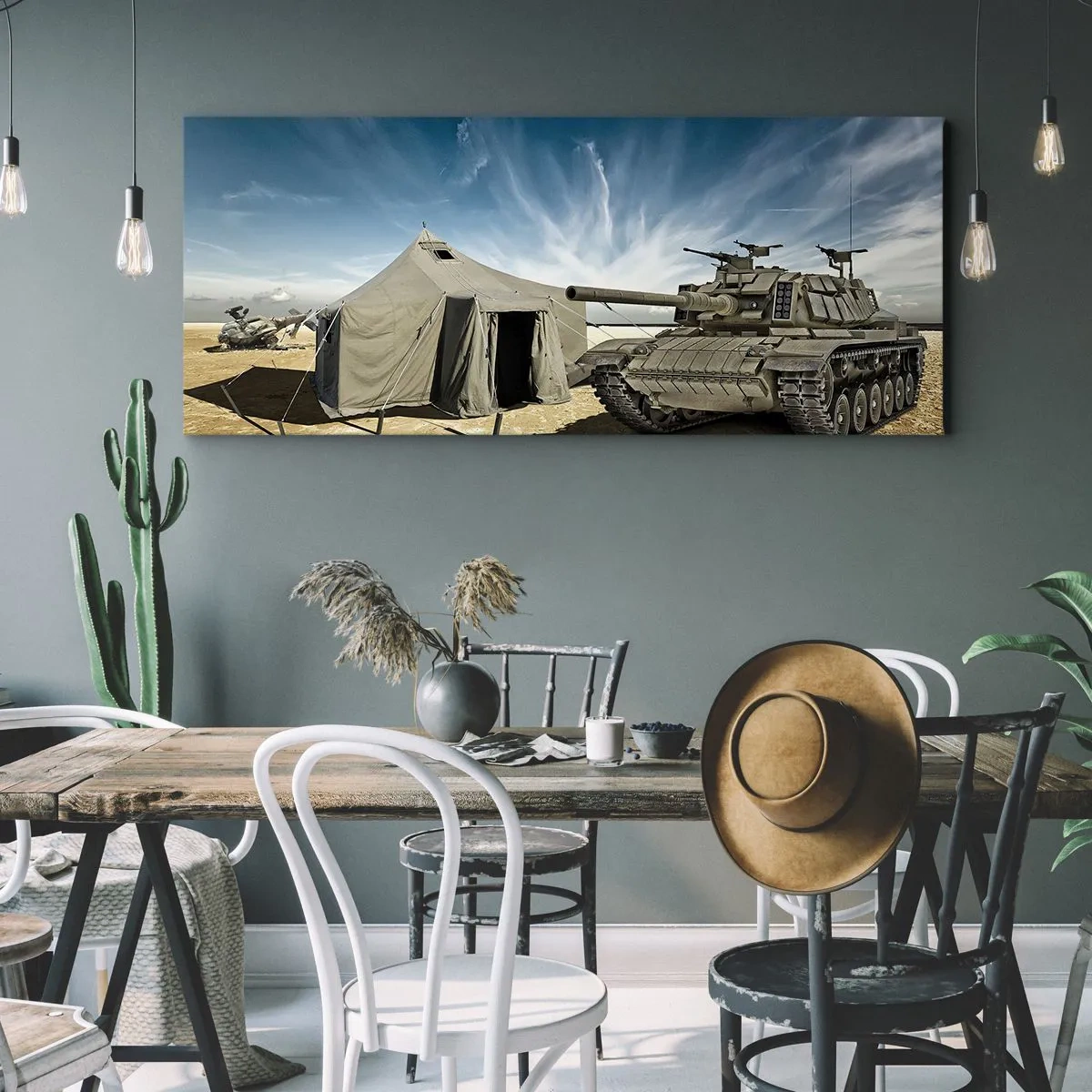 Bild auf Leinwand - Leinwandbild - Ein Panzer neben einem Militärzelt in einer Wüstengegend - 160x50cm - Ein militärischer Traum - Moderne Wanddekoration für Wohnzimmer und Schlafzimmer ARTTOR