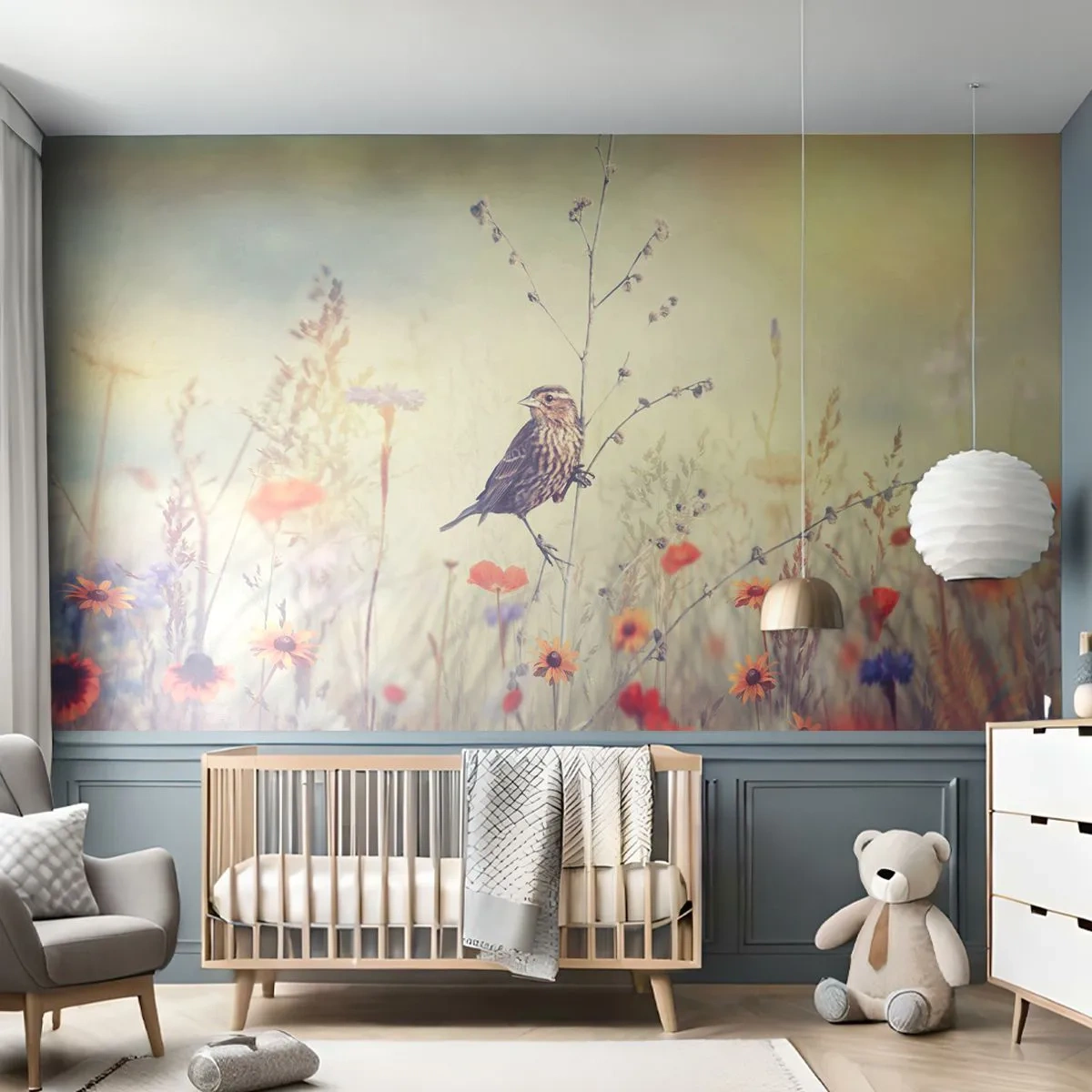 Fototapete Premium Sand - Ein Vogel auf einem Ast auf einer blühenden Wiese im sanften Licht - 100x70cm - Vogelporträt mit einer Wiese im Hintergrund - Moderne Wanddekoration für Wohnzimmer und Schlafzimmer ARTTOR