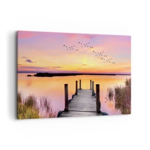 Bild auf Leinwand - Leinwandbild - Ein Pier an einem See bei Sonnenuntergang mit Vögeln am Himmel - 120x80cm - Violette stille Morgendämmerung - Moderne Wanddekoration für Wohnzimmer und Schlafzimmer ARTTOR